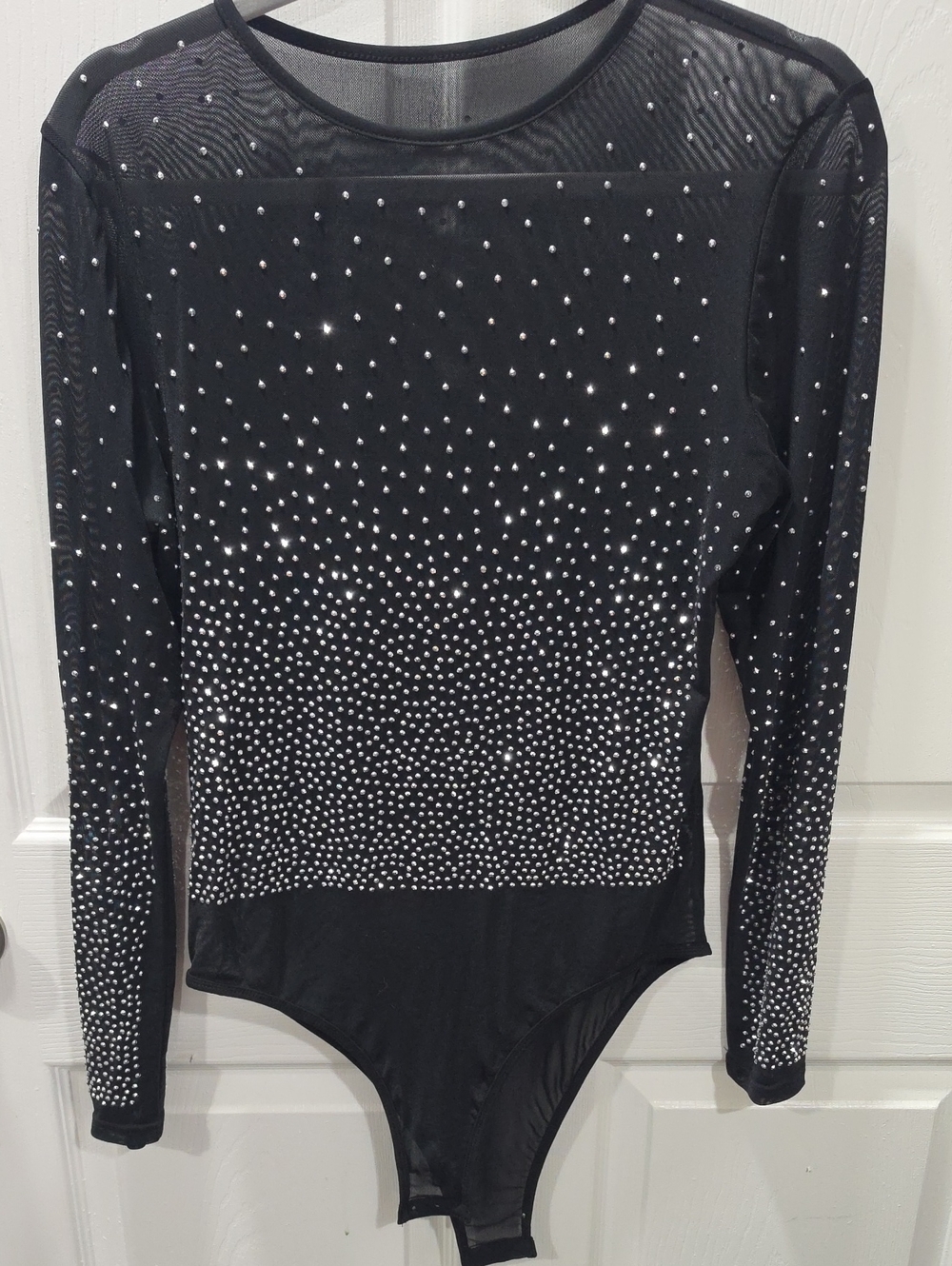 Black Rhinestone Mesh Long-Sleeve One-Piece Bodysuit